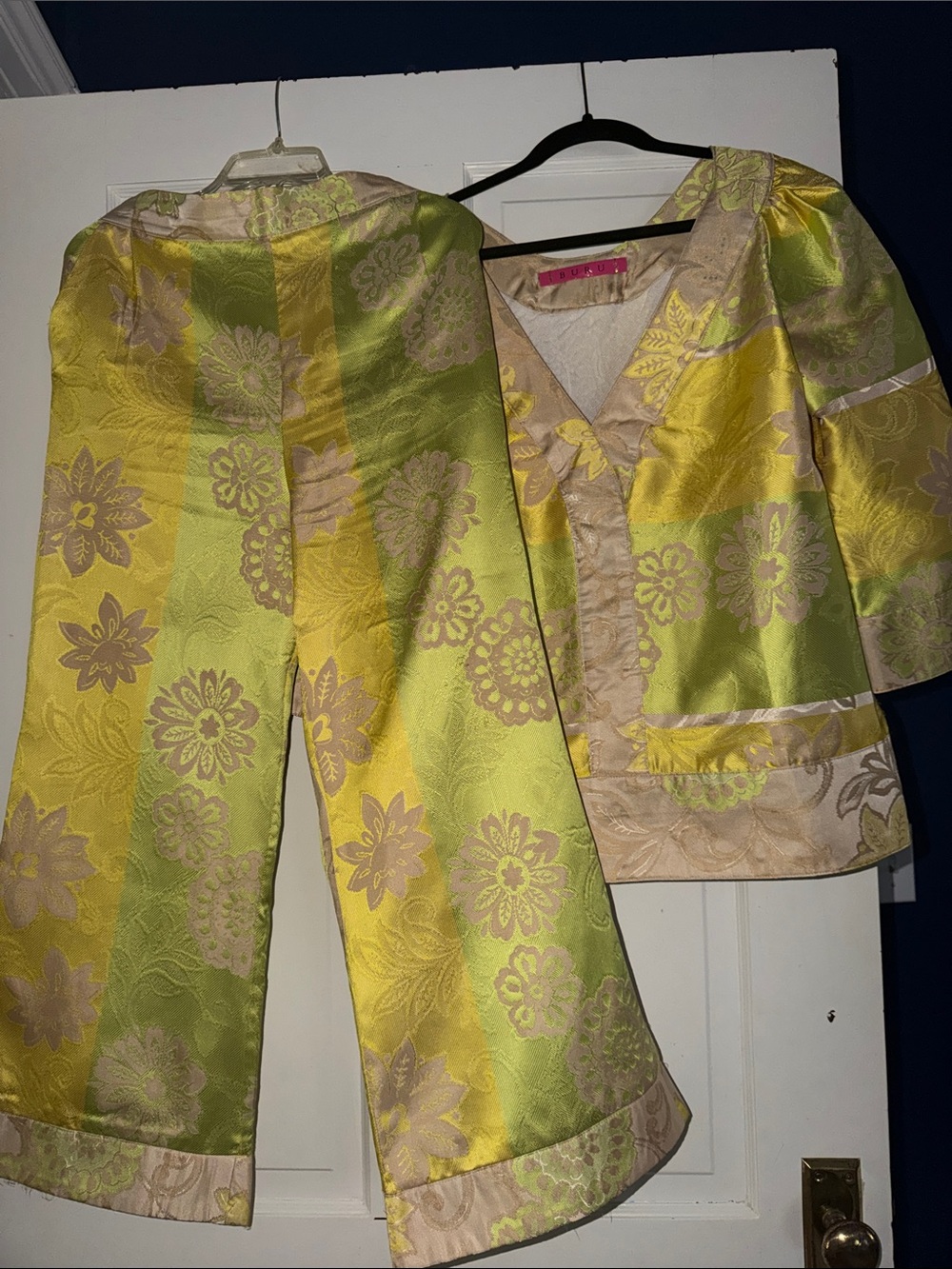 Women's Wide Leg Floral Brocade Pants & Top Set - Yellow & Light Green